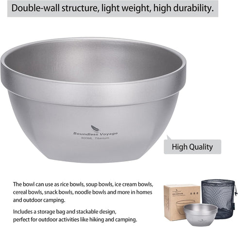 (800ml) Boundless Voyage Titanium Double Walled Bowl Oatmeal Rice Soup Yogurt Bowl Ultralight Portable Tableware