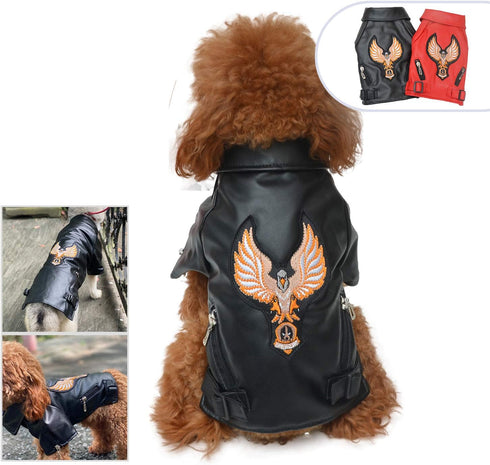 Lovelonglong Black Eagle Embroidery Dog Leather Jacket, Warm Coats for Large Medium Small Dogs, XL