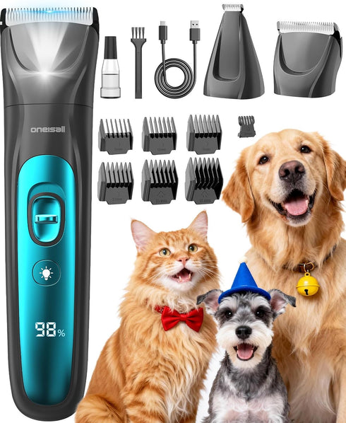 oneisall LED Light Dog Trimmer Clippers, Cordless Dog Grooming Kit 2 in
