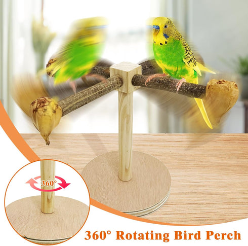 Finches Bird Stand Perch Toy Natural Wooden Parakeet Toys with Edible Chew Toy Interactive Spinning Toy Bird Cage