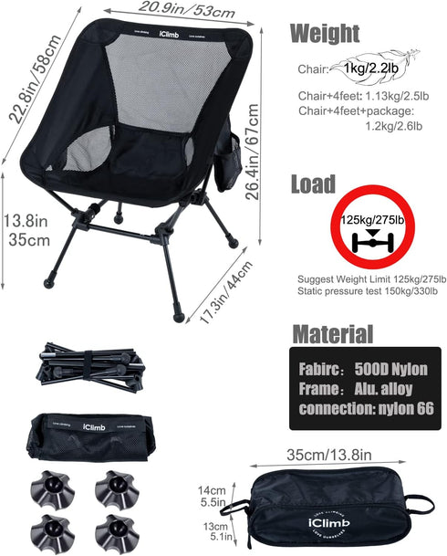 iClimb Ultralight Compact Folding Beach Chair - Anti-Sinking Large Feet and Back Support Webbing (Yellow - Square Frame)