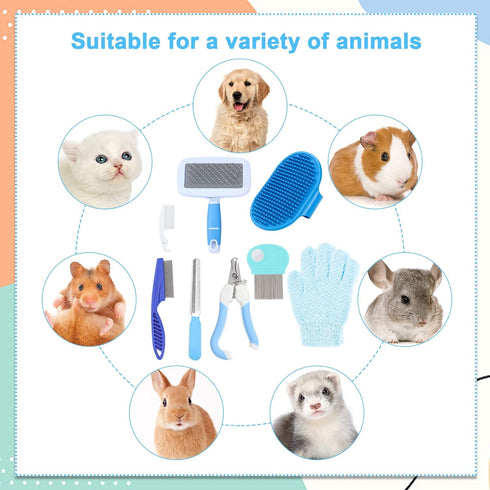 Set: VCZONE Small Animal Grooming Pet Nail Clipper & File, Flea Comb, Shampoo Brush, Shedding Slicker Brush, Massage