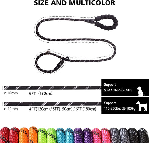 Slip Leads Dog Leash, 4/5/6 FT with Comfortable Handle, Heavy Duty Reflective Rope Training Leash (1/2''- 4FT, Black)