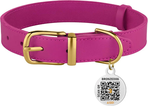 BRONZEDOG Leather Dog Collar with QR ID Tag, Basic Pet Collars for Small Mini Dogs Cats Puppies (7-9 Inch (Pack of 1),
