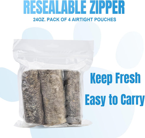 Amzey Cod Skin Dog Treats, 24 OZ, Pack of 4 Resealable Bags, 100% Natural Dried Cod Fish Chews, High Protein Omega-3