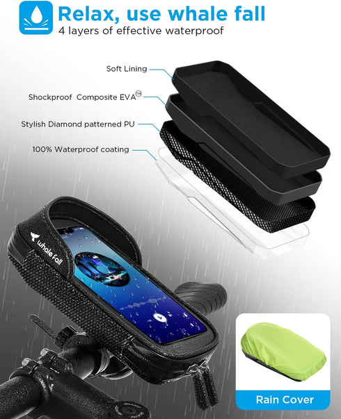 Commutes 7" whale falll Bike Handlebar Bag Waterproof, Quick Release Phone Holder Mount with Touchscreen, Stable