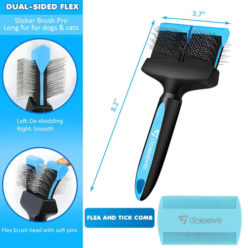 Dual Flex Slicker Brush - Gentle Grooming Tool for Sensitive Dogs & Cats, Ideal for Long Hair, Removes Undercoat and