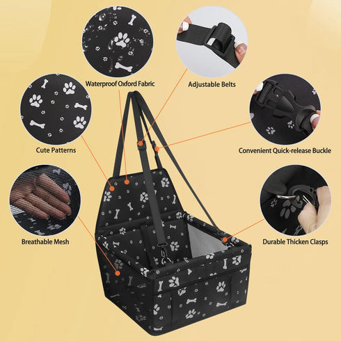PetsHome Foldable Dog Car Seat, Waterproof Oxford Travel Bag for Small to Medium Dogs, Pattern Black