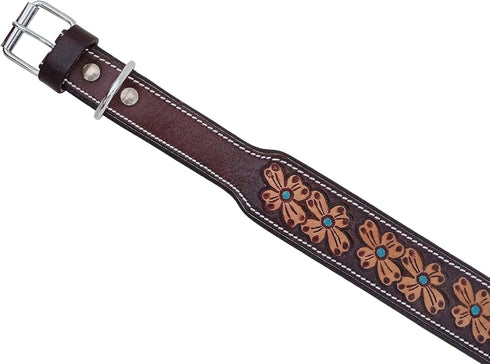 Heavy Duty Hand Tooled Floral Leather Dog Collar, Western Style Padded for Puppies and Big Dogs 10AB124-L