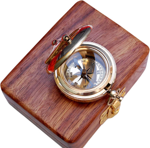 Brass Nautical Compass with Wooden Case - Antique Brass & Copper Sundial Compass for Camping, Hiking, Touring