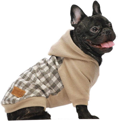 Fitwarm Tartan Plaid Dog Hoodie - Knitted Clothes for Small Dogs, Beige, XS