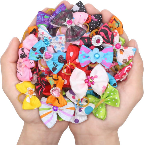 YOY 50 Pcs Adorable Grosgrain Ribbon Pet Dog Hair Bows with Elastic Rubber Bands, Doggy Kitty Topknot Grooming