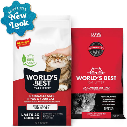 WORLD'S BEST CAT LITTER Multiple Cat Unscented, 32-Pounds - Natural Ingredients, Quick Clumping, Flushable