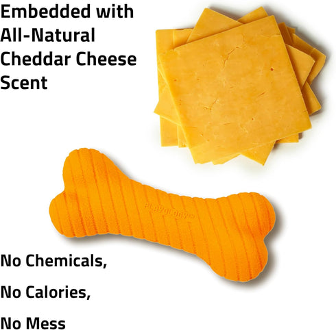 Playology Dog Toys Dual Layer Bone Chew Toy - Durable Rubber for Large Dogs - Cheddar Cheese Scented Orange Toy Bones