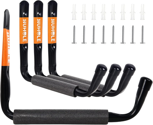 HUHOLE Heavy Duty Garage Ladder Hooks, 4PC Black Wall Mount Ladder Hangers with Jumbo Arm