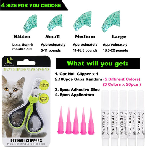VICTHY 100pcs Cat Nail Caps with Clipper Set, Pet Nail Clipper Covers for Cats, Medium Size (5 COLORS)