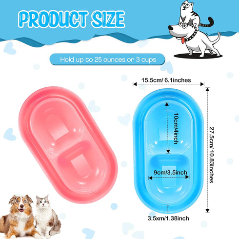 2 Pieces Cat Food Bowls, Plastic Double Pet Bowls for Cats and Dogs, No Spill (Pink and Light Blue)