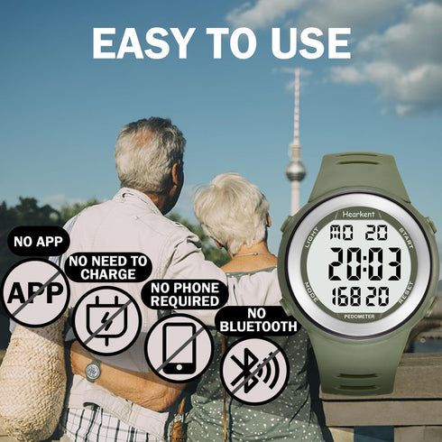 Waterproof Pedometer Watch for Senior Non Bluetooth No App Required with Steps Calories Counter and LCD Large Numbers