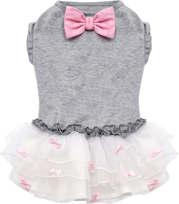 KYEESE Grey Dogs Dress with Pink Bowtie - Pet Puppy Clothes for Small Dogs Skirt
