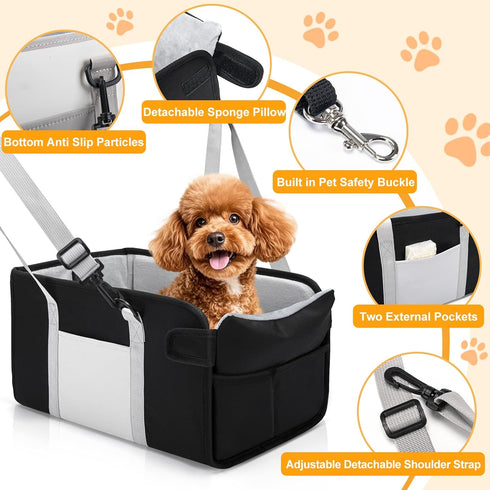 Portable Dog Car Seat for Small Dogs, Booster Seat with Safety Leash & Washable Cushion, Pet Car Seat with Adjustable