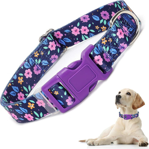 Dog Collar with Purple Flowers Patterns - Cute Adjustable Soft Durable Pet Collar for XS Small Medium Large Dogs