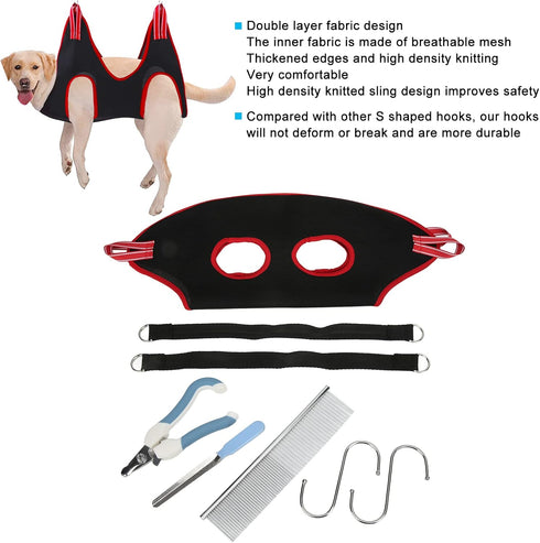 plplaaoo Dog Grooming Hammock, Breathable Thickened Pet Harness with Nail Clipper & Comb for Cats, Red