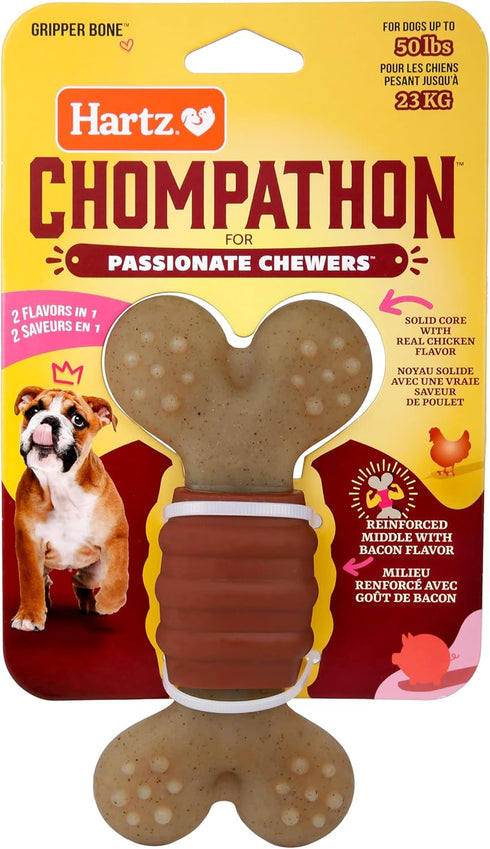 Hartz New Chompathon Gripper Bone Dog Chew Toy - Double Layered Flavored with Chicken & Bacon for Aggressive Chewers