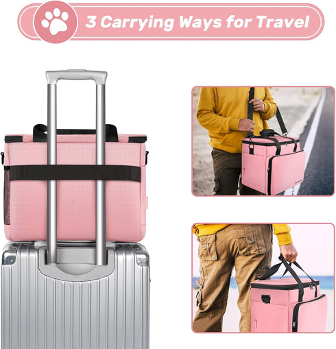 6 Set Dog Travel Bag, Large Pet Travel Kit with 2 Food Containers, 1 Organizer, 2 Collapsible Bowls, Pink Dog Mom Gifts