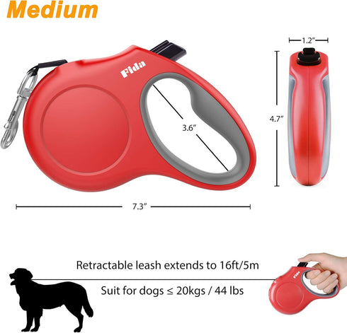 Fida Retractable Dog Leash with Dispenser, 16 ft Pet Walking Leash for Medium Dog or Cat, Red