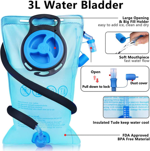 Insulated Hydration Pack Backpack, 3L BPA Free Leak-Proof Water Bladder, Keeps Liquids Cool for Up to 5 Hours