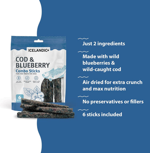 Icelandic+ Combo Sticks: Cod & Blueberry - 2oz Dog Treats, Crunchy Pet Snacks, Preservative Free