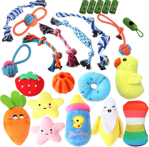 24 Pack Colorful Puppy Chew Toys for Teething - Plush Squeaky, Rope Chew Toys & Dog Treat Ball to Keep Them Busy