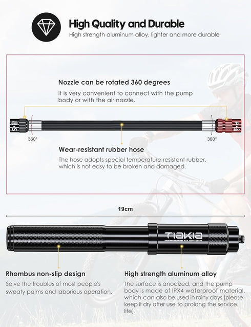 Tiakia Mini Bike Pump, Portable Compact Bicycle Pump, High Pressure Frame Pump 260PSI for Presta, Schrader & Woods