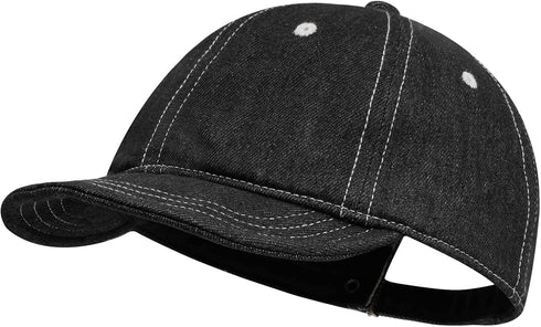 Stylish Short Bill Denim Baseball Cap - Soft Flat Brim Snapback Trucker Hat, Casual Dad Hat