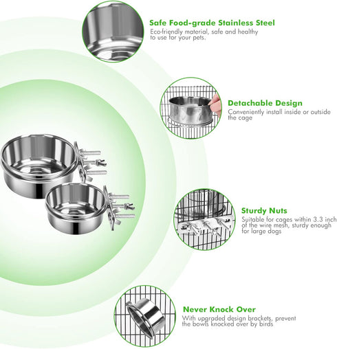 Dog Food Water Bowl with Clamp Holder - Stainless Steel Hanging Bowls for Small Medium Large Dogs