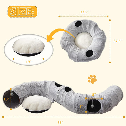 Cat Tunnel Bed for Indoor Cats - Cute Cat Donut Tunnel with Washable Circle Cushion, Round Pet Play Tunnel Toy