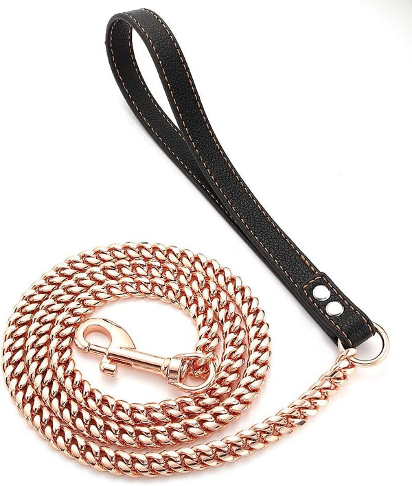Rose Gold Heavy Duty Chain Dog Leash, 3FT/4FT/5FT Stainless Steel, Leather Handle, for Large Medium Small Dogs (10mm,