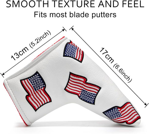 US Flag Golf Putter Cover - Premium Leather Blade Headcover with Magnetic Closure, White Golf Accessories for Men