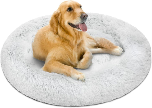 Friends Forever Donut Dog Bed, Faux Fur Fluffy Calming Sofa for Large Dogs - Ivory 36"x36"x8"