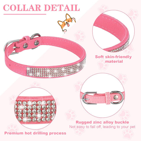 2 Pieces PU Leather Dog Collar Pink Rhinestone Flower Pattern Studded Adjustable Bling Puppy Collar (XS: 8.2-10.6 Inch)