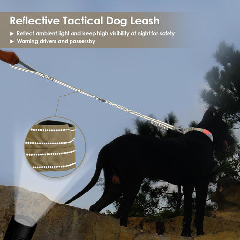 Tactical Dog Leash Heavy Duty 4-6ft, No Pull Bungee for Medium Large Dogs with Padded Double Handle, Brown