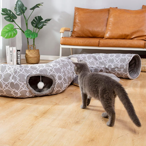 LUCKITTY Geometric Cat Tunnel Bed - Collapsible Oxford Tunnel Tube with Plush Inside for Dogs and Cats