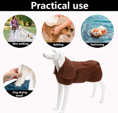 Geyecete Dog Drying Coat - Microfibre Fast Drying Super Absorbent Pet Bath Robe Towel, Luxuriously Soft - Khaki - S
