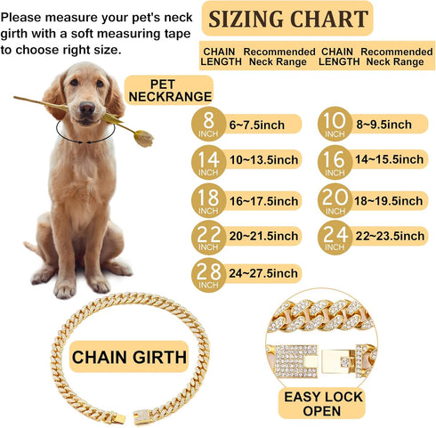 Cuban Link Dog Collar, Gold Silver Color Metal Chain Collar for Dogs Cats, 22 Inch, Gold