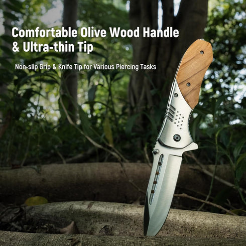 Folding Pocket Knife, 3.46" Sharp Blade, Olive Wood Handle, EDC Knife for Dad, Women, Tactical Gift