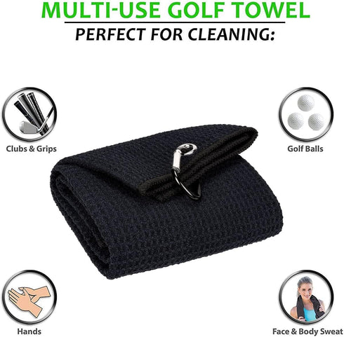 Golf Towels, Microfiber Waffle Pattern Tri-fold Towel with Brush Tool Kit for Men Women Golf Gifts (Black Towel+Brush)