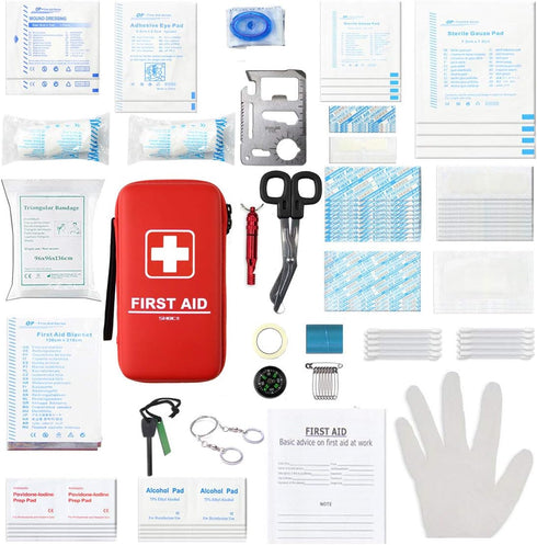 SHBC Compact First Aid Kit (139 Piece) Waterproof Adventure Medical Kits, Includes Emergency Blanket, Fire Starter,