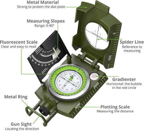 Proster IP65 Hiking Compass with Sighting Clinometer Professional Military Compass Metal Camping Compass Waterproof with Carry Bag for Camping Hunting Hiking Geology Activities