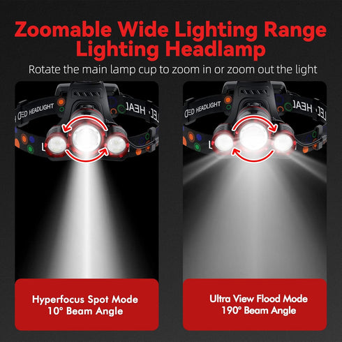 1200 4 90Angle Headlamp Rechargeable Lumens Super Brightest Modes Head Lamp for Adults Zoom Waterproof Headlight