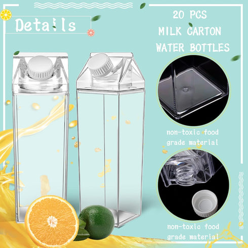 20 17 oz Foaincore Pcs Clear Milk Carton Water Bottles Bulk Plastic Square Milk Bottles Portable Reusable Leakproof Cup